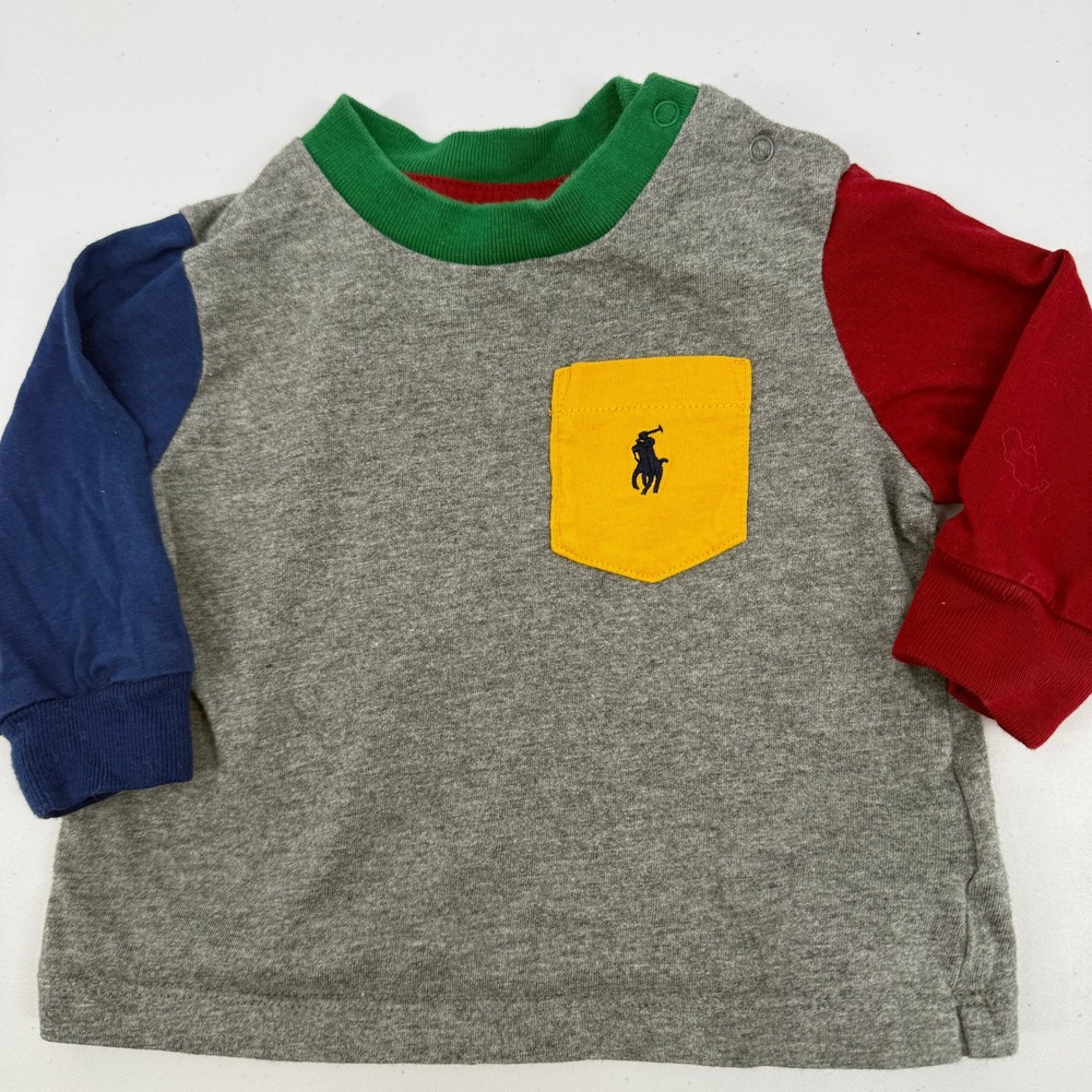 Ralph Lauren Colorblock T-Shirt Baby 3M Gray Red Blue‎ Yellow Long Sleeve Top